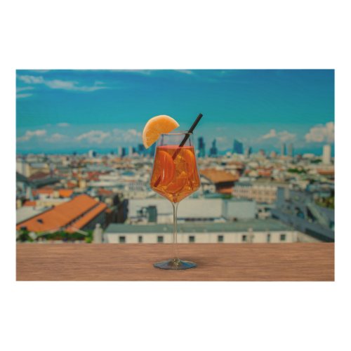Spritz cocktail on a table with view of Milan Wood Wall Art