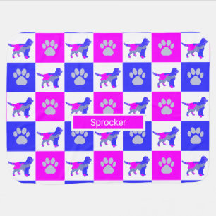 Sprocker Spaniel Dog & Paw Print Hot Pink and Blue Baby Blanket