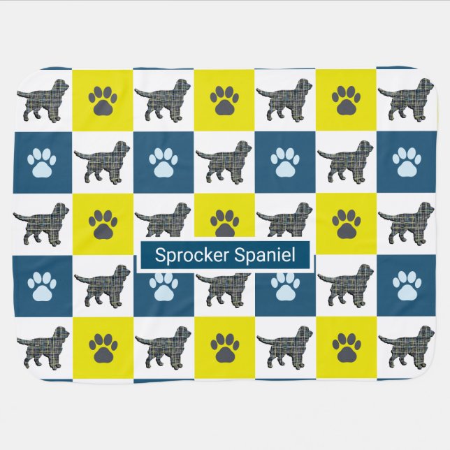 Sprocker Spaniel Dog & Paw Y&B Grid Baby Blanket (Horizontal)