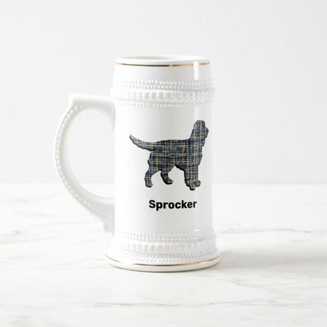 Sprocker Spaniel Dog Yellow & Black Grid Line Beer Stein (Left)