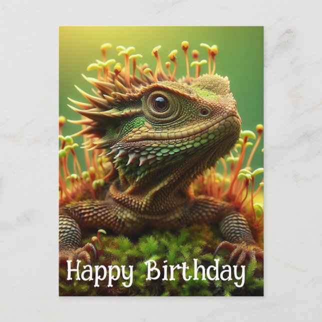 Sprouting Lizard in the Moss Garden Happy Birthday Postcard (Front)