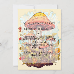 Sprouting Mushroom Illustration Birthday Party Invitation