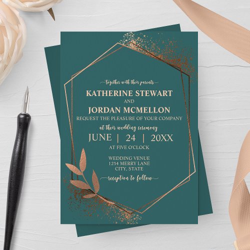 Spruce and Bronze Fall Leaf Geometric Wedding Invitation