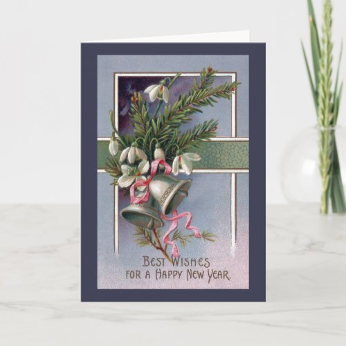 Spruce and Silver Bells Vintage New Year Holiday Card