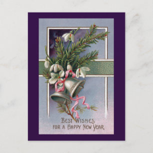 Spruce and Silver Bells Vintage New Year Holiday Postcard