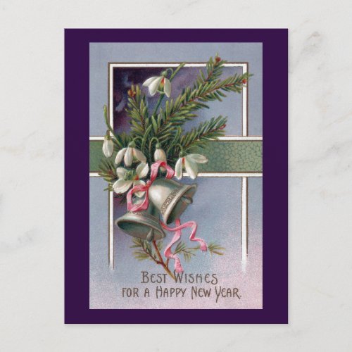 Spruce and Silver Bells Vintage New Year Holiday Postcard