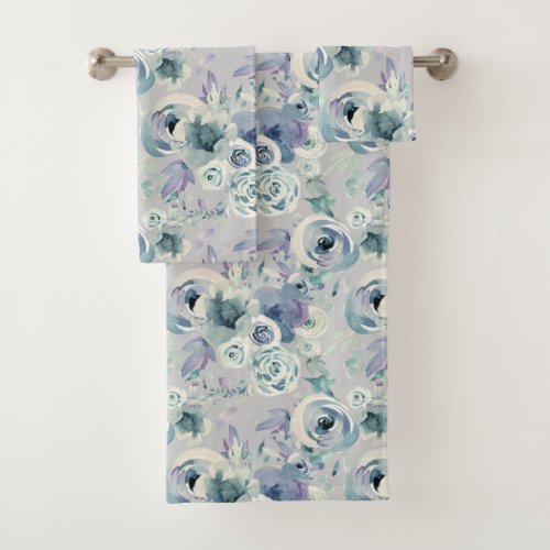 Spruce Blue Cream on Mist Contemporary Rose Bath Towel Set