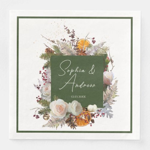 Spruce Green and White Winter Foliage Wedding  Paper Dinner Napkins