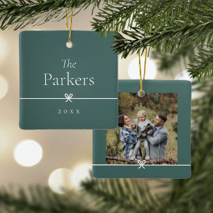 Spruce Green Simple Minimal Bow Photo Ceramic Ornament