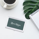 Spruce Green Sketched Cursive Script Business Card Case<br><div class="desc">Elegant business card case features your name,  title,  or choice of personalization in white hand scripted cursive lettering on a dark forest green background.</div>