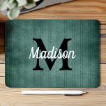 Spruce Green Vintage Pinstripe Retro Monogram Mouse Pad<br><div class="desc">This design features a vintage pinstripe pattern in spruce green with black dashed stripes. Personalize it with your monogram initial in black and your name in white retro script.</div>