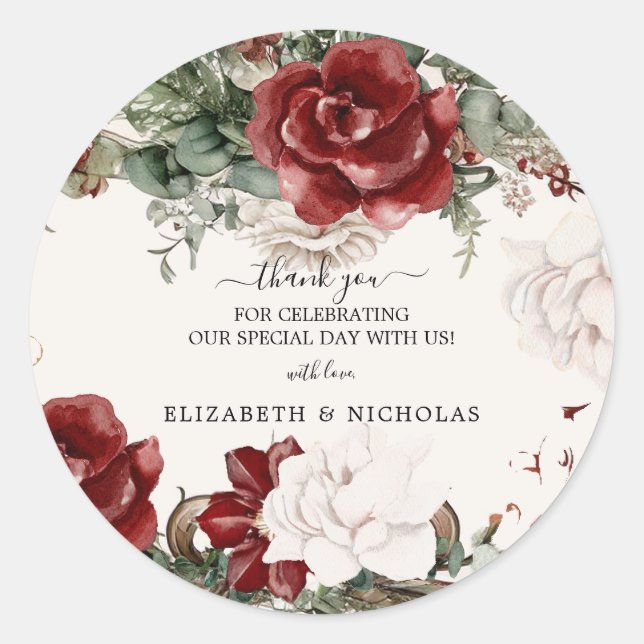 Spruce & Lace | Winter Florals Wedding Classic Round Sticker (Front)