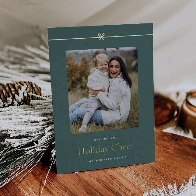 Spruce | Modern Bow Simple Minimal Photo Christmas Foil Holiday Card (Creator Uploaded)
