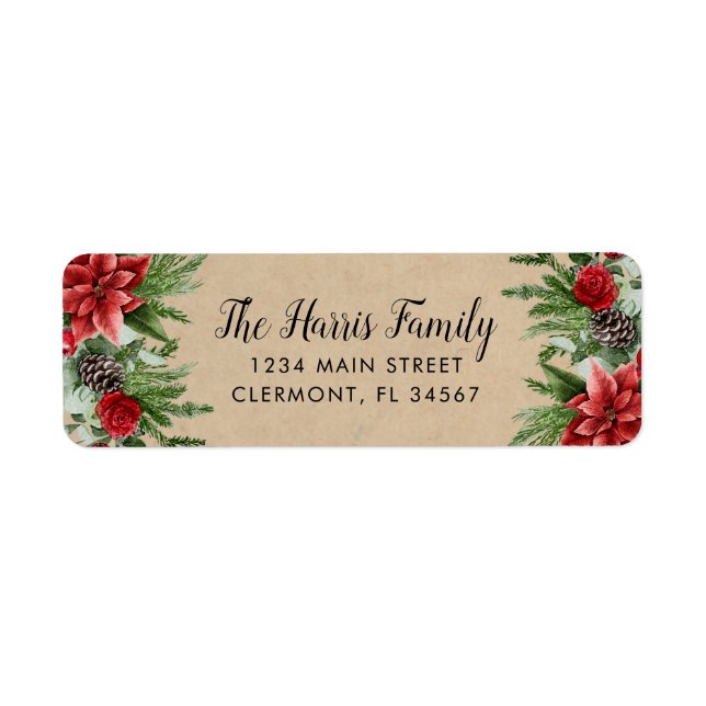Spruce Pinecone and Poinsettia Kraft Paper Label (Front)