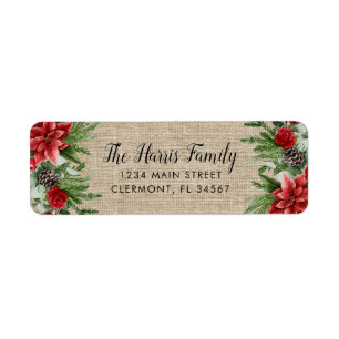 Spruce Pinecone and Poinsettia on Burlap Label