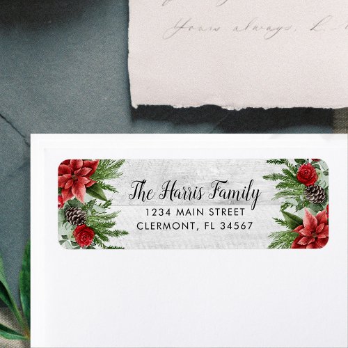 Spruce Pinecone and Poinsettia on White Wood Label