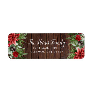 Spruce Pinecone and Poinsettia on Wood Label