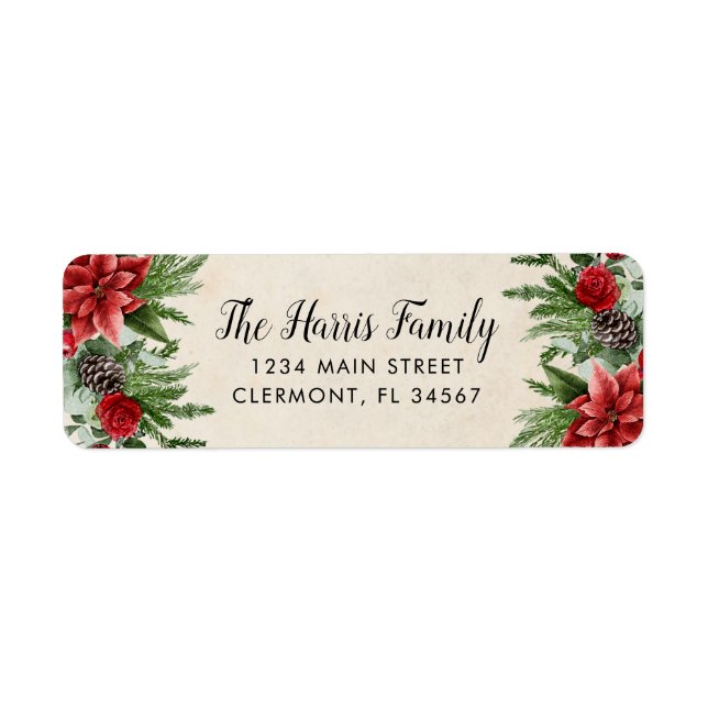 Spruce Pinecone and Poinsettia Parchment Paper Label (Front)