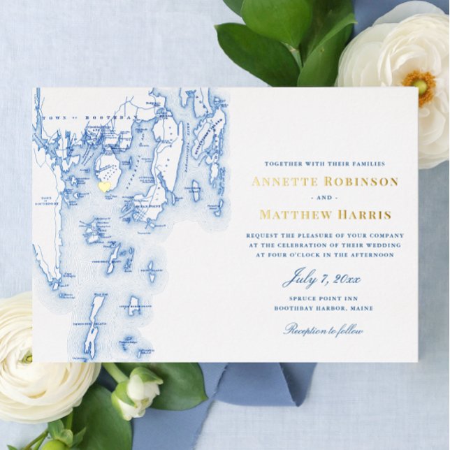 Spruce Point Inn Maine Wedding Navy and Gold  Foil Invitation (Elegant Navy Blue Spruce Point Inn Boothbay Harbor Maine Wedding Invitations with real Gold Foil )