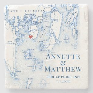Spruce Point Inn Wedding Favor Boothbay Maine Map Stone Coaster