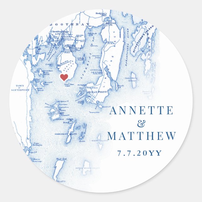 Spruce Point Maine Map Elegant Blue Wedding Favor Classic Round Sticker (Front)
