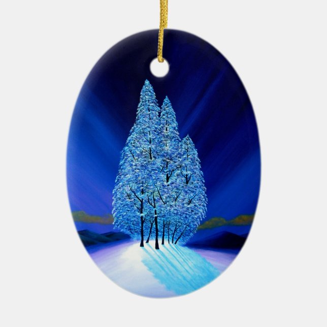 Spruce Trees Blue Christmas Seven Ceramic Ornament (Front)