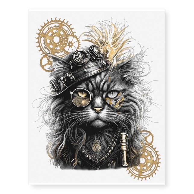 Spunky Paws The Funky Steampunk Cat  Temporary Tattoos (Front)