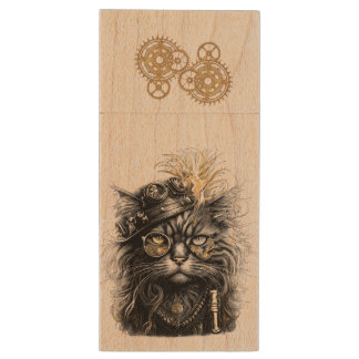 Spunky Paws The Funky Steampunk Cat Wood Flash Drive