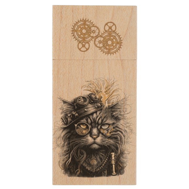 Spunky Paws The Funky Steampunk Cat  Wood Flash Drive (Back (Vertical))