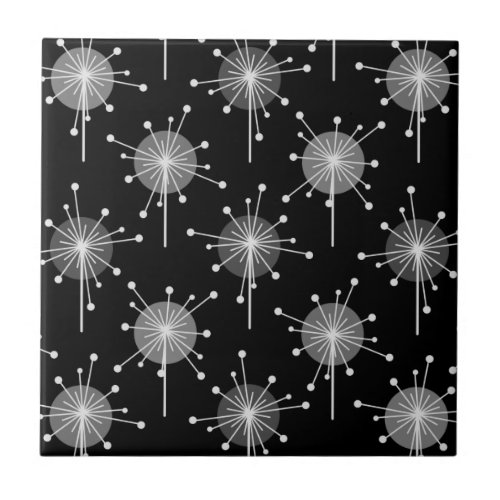Sputnik Starburst Flowers Black Gray Ceramic Tile