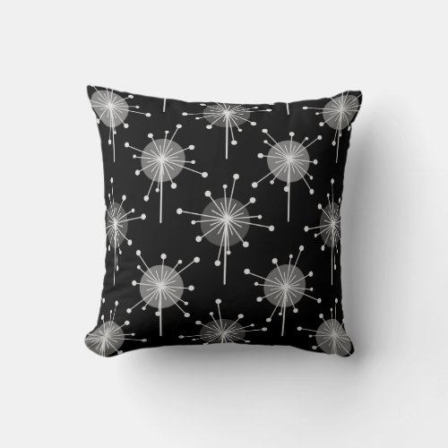 Sputnik Starburst Flowers Black Gray Throw Pillow