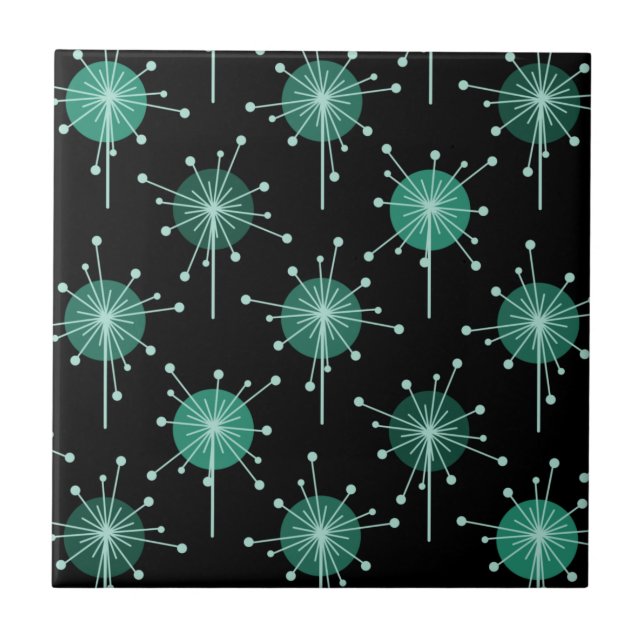 Sputnik Starburst Flowers Black Teal Ceramic Tile (Front)