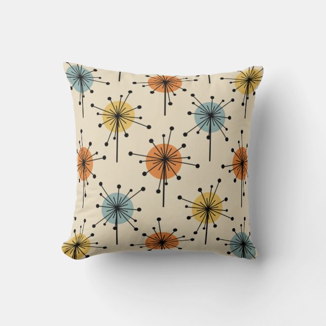 Sputnik Starburst Flowers Retro Throw Pillow (Front)