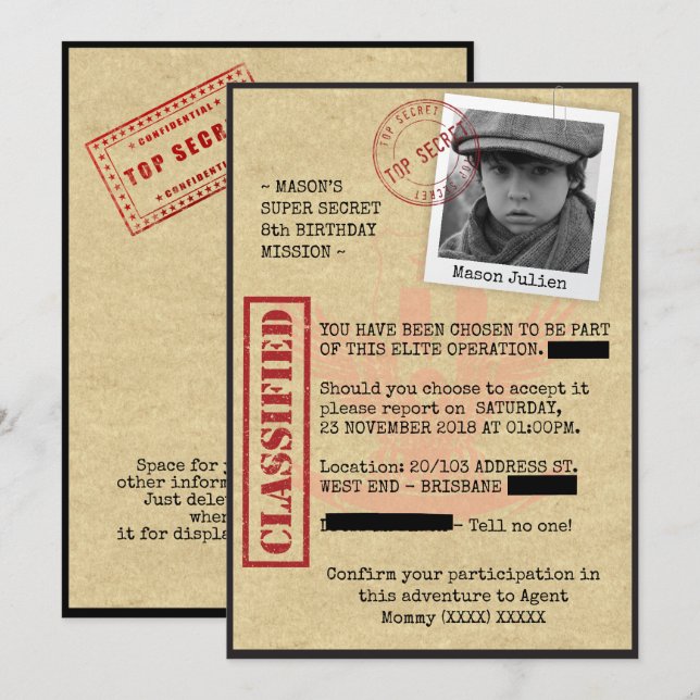 Spy birthday party invitation (Front/Back)
