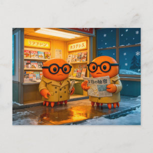 Spy Crabs Investigating Colorful Japanese Newsstan Postcard
