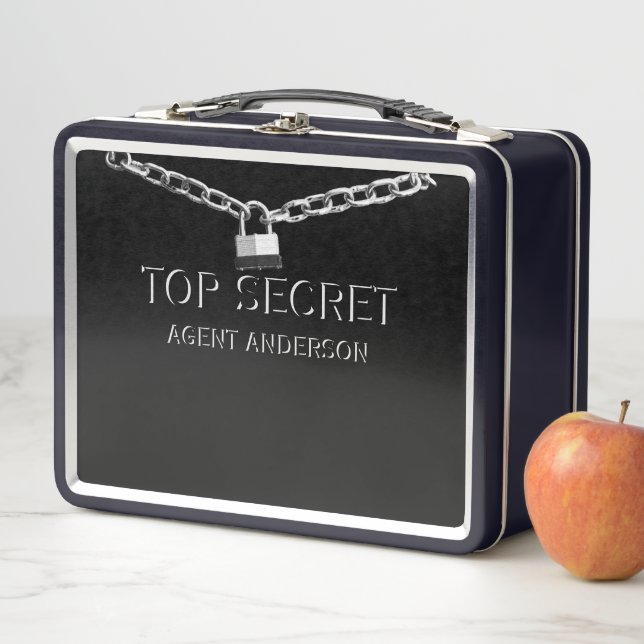 SPY or AGENT Personalized Top Secret Kids Black Metal Lunch Box (In Situ)