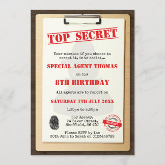 Spy themed birthday party invitation