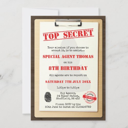 Spy themed birthday party invitation