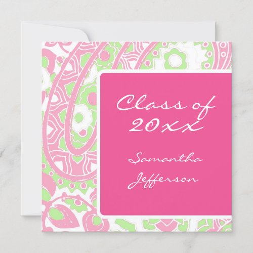 Sqare Pink Green Paisley Graduation/Party Custom Announcement