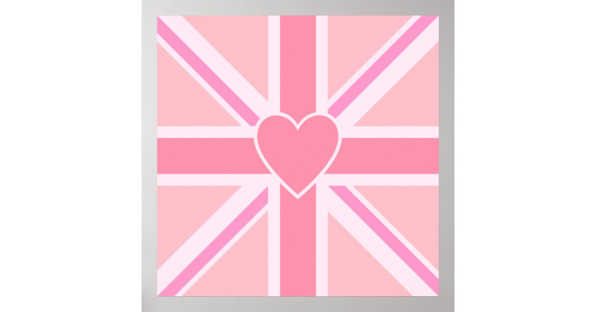 Sqaure Union Jack Flag & Heart Pinks Poster | Zazzle