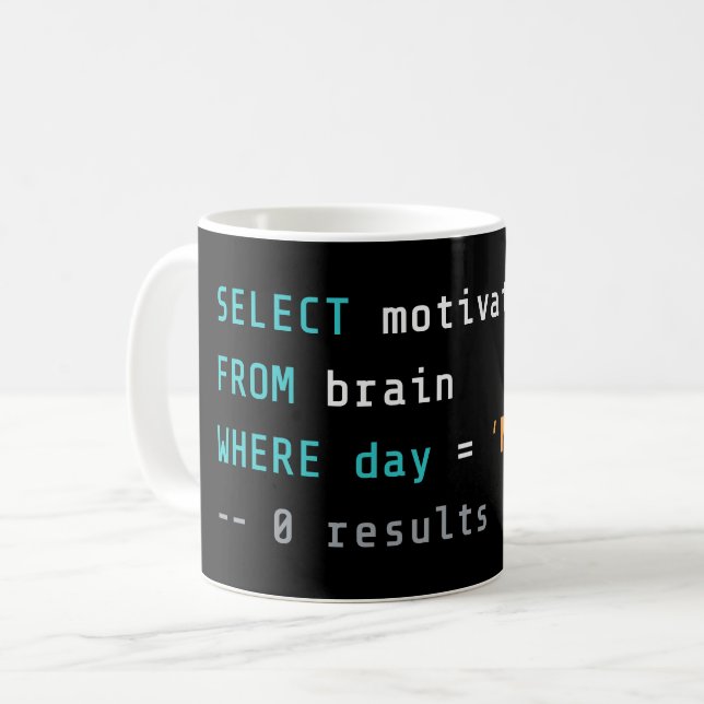 SQL Monday Zero Motivation Coffee Mug (Front Left)