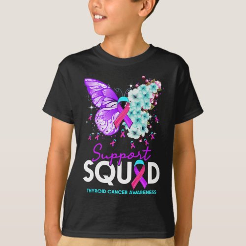 Squad Butterfly Teal Pink Ribbon Thyroid Cancer  T_Shirt