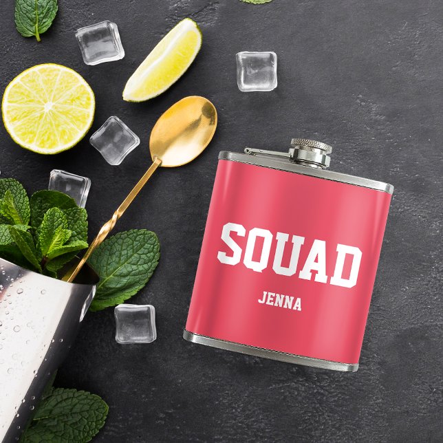 Squad Coral Pink & White Personalized Bridesmaid Flask (Creator Uploaded)