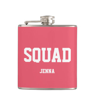 Squad Coral Pink & White Personalized Bridesmaid Flask