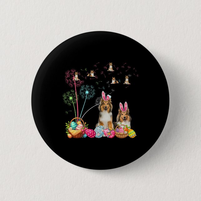 Squad Easter Couple Bunny Shelties Dandelions Hunt Button (Front)