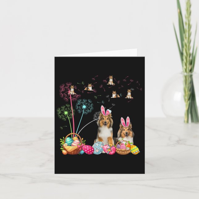 Squad Easter Couple Bunny Shelties Dandelions Hunt Card (Front)