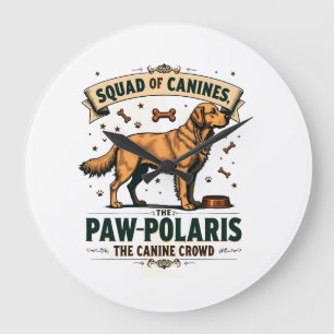 Squad of Canines Vintage Dog Pun Graphic with Gold Large Clock