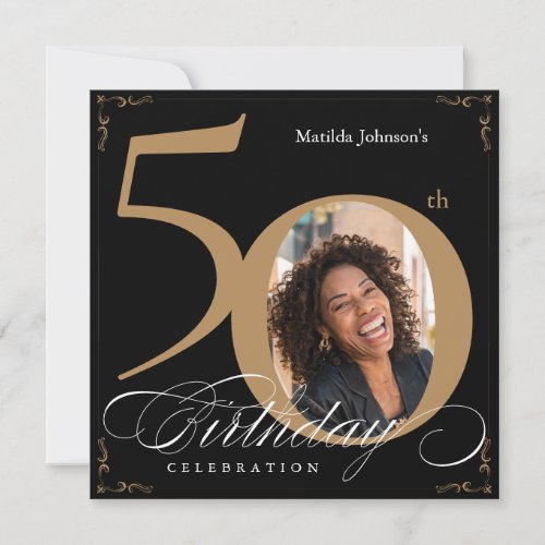 Square 50th Birthday Black Gold Calligraphy Photo Invitation