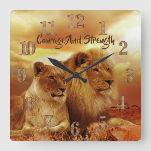 Square Acrylic Wall Clock Lion and Lioness Decor