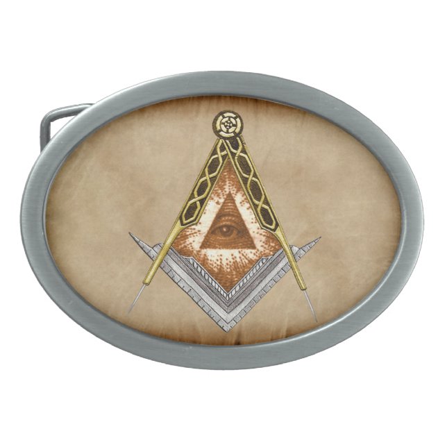 Square and Compass with All Seeing Eye Belt Buckle (Front)